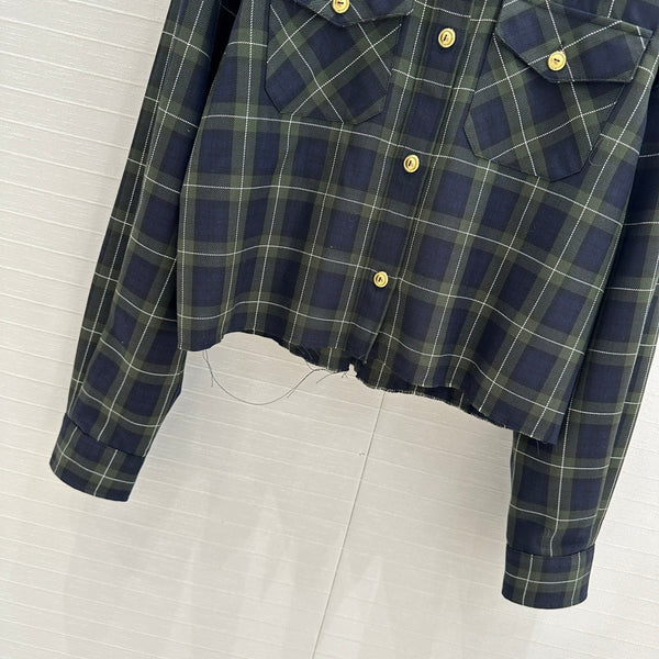 Miu Miu Plaid Short-cut Shirt Green Blue Wool