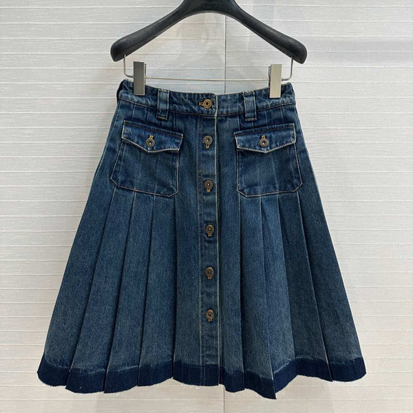 Miu Miu Denim Pleated Long Skirt Blue Cotton