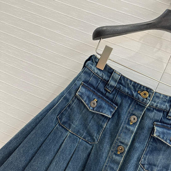 Miu Miu Denim Pleated Long Skirt Blue Cotton