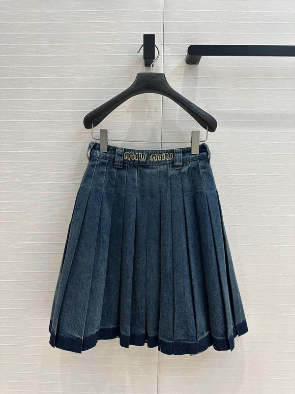 Miu Miu Denim Pleated Long Skirt Blue Cotton