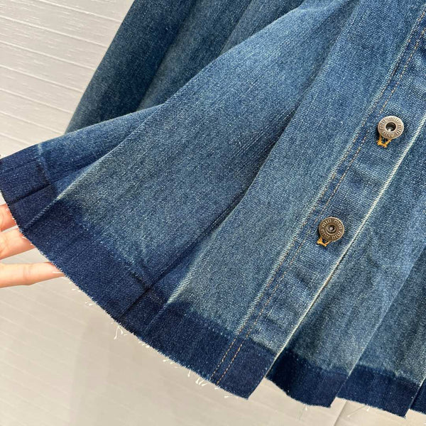 Miu Miu Denim Pleated Long Skirt Blue Cotton