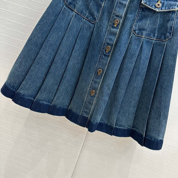 Miu Miu Denim Pleated Long Skirt Blue Cotton