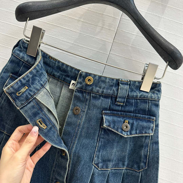 Miu Miu Denim Pleated Long Skirt Blue Cotton