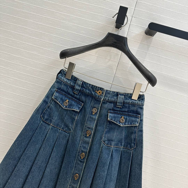 Miu Miu Denim Pleated Long Skirt Blue Cotton