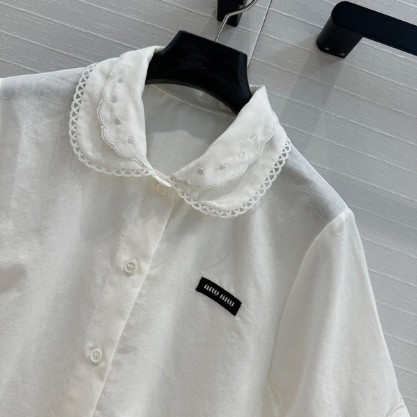 Miumiu 25 Double-layer Collar Shirt White Linen Cotton