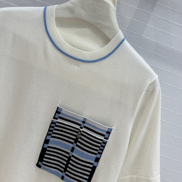 Hm 25 Short-sleeved Sweater White Blue Wool