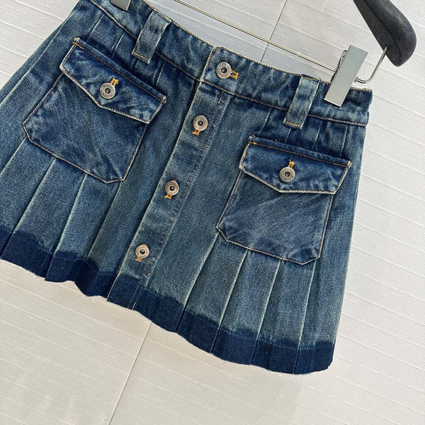 Miu Miu Denim Pleated Short Skirt Blue Cotton