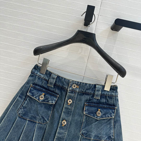 Miu Miu Denim Pleated Short Skirt Blue Cotton