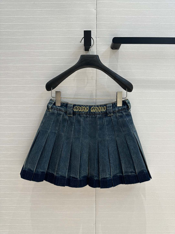 Miu Miu Denim Pleated Short Skirt Blue Cotton