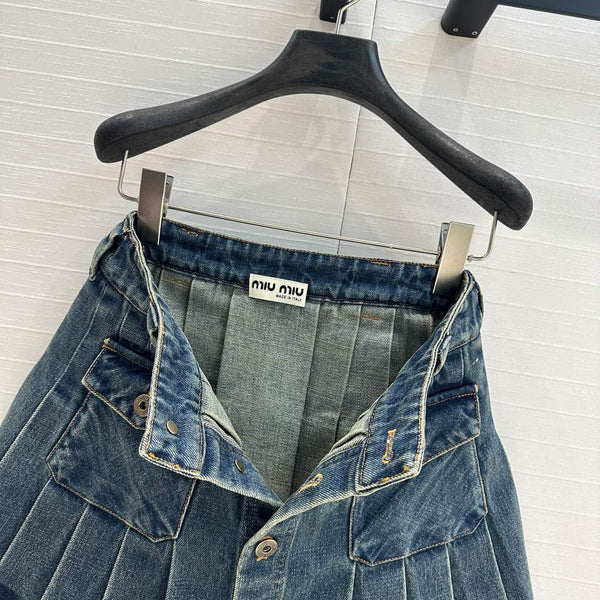 Miu Miu Denim Pleated Short Skirt Blue Cotton