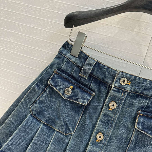 Miu Miu Denim Pleated Short Skirt Blue Cotton