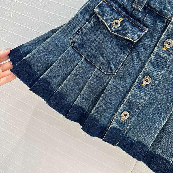 Miu Miu Denim Pleated Short Skirt Blue Cotton