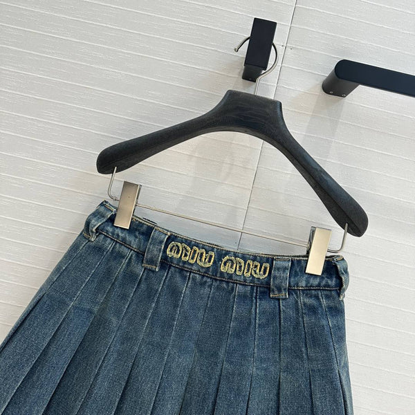 Miu Miu Denim Pleated Short Skirt Blue Cotton