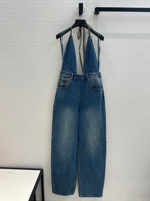 Prada 25 Halter Ntube Top Suspender Jumpsuit Blue Cotton
