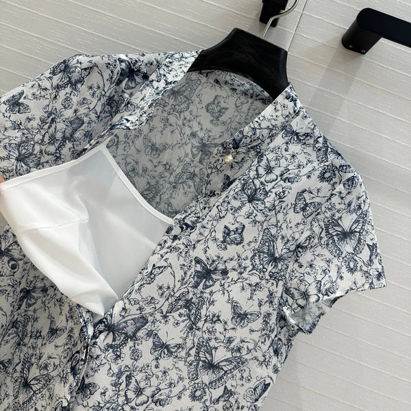 CD 2025 Butterfly Printed Long Skirt White mix Navy Blue Cotton