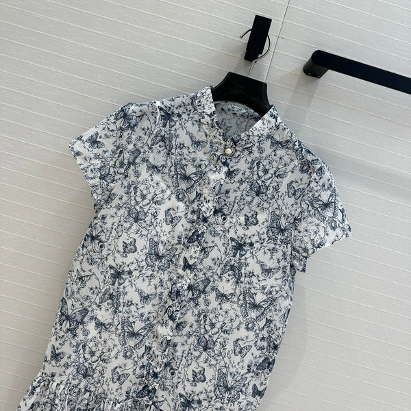 CD 2025 Butterfly Printed Long Skirt White mix Navy Blue Cotton