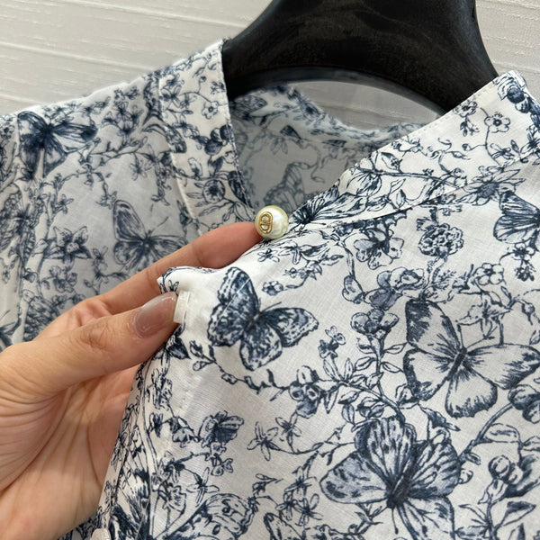 CD 2025 Butterfly Printed Long Skirt White mix Navy Blue Cotton