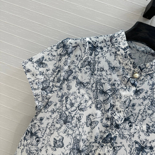 CD 2025 Butterfly Printed Long Skirt White mix Navy Blue Cotton