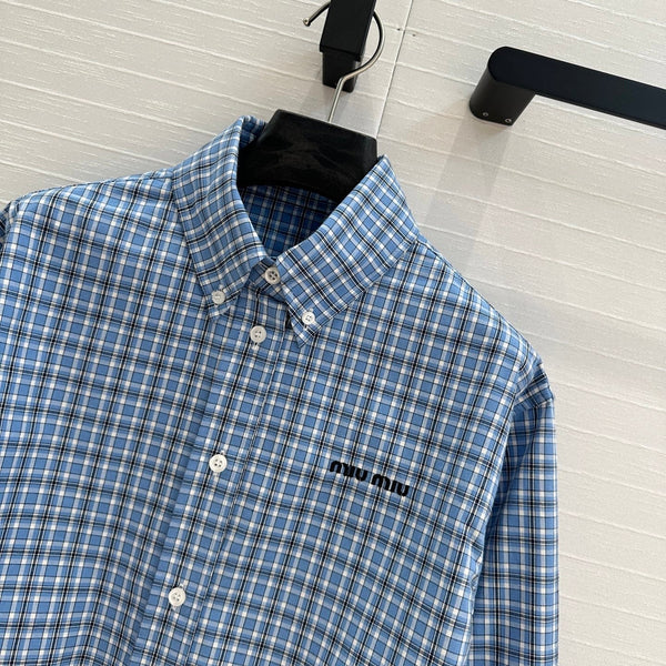 Miu Miu Plaid Short Shirt Blue Cotton
