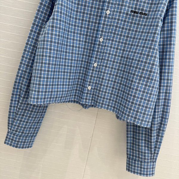 Miu Miu Plaid Short Shirt Blue Cotton