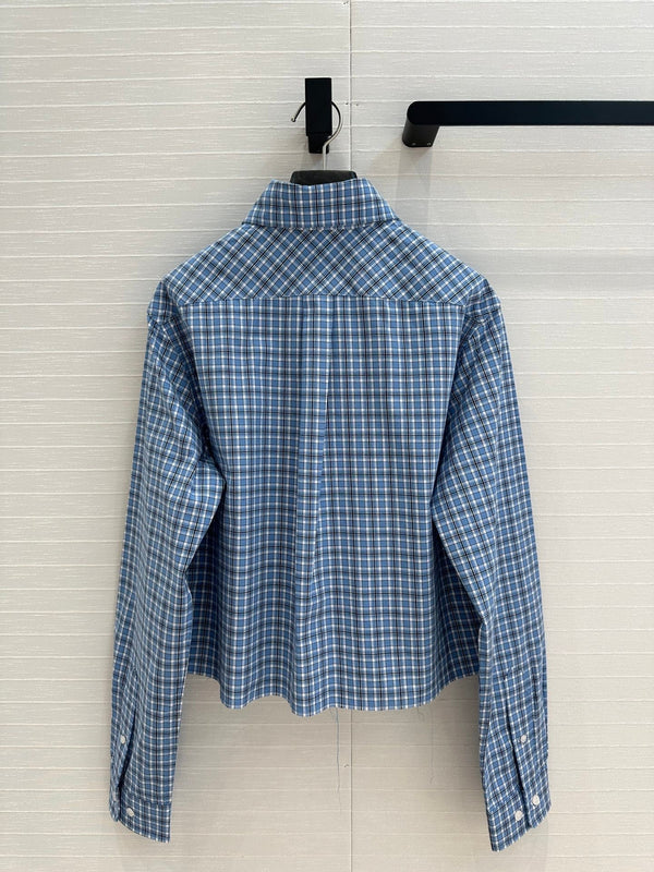 Miu Miu Plaid Short Shirt Blue Cotton