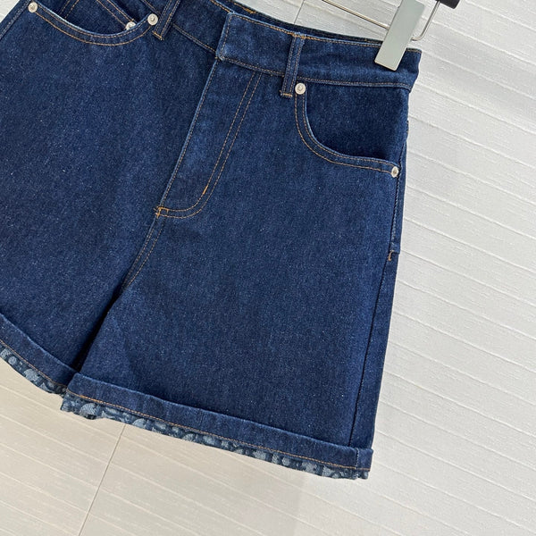 CD Denim Shorts With Old Flower Pattern Blue Cotton