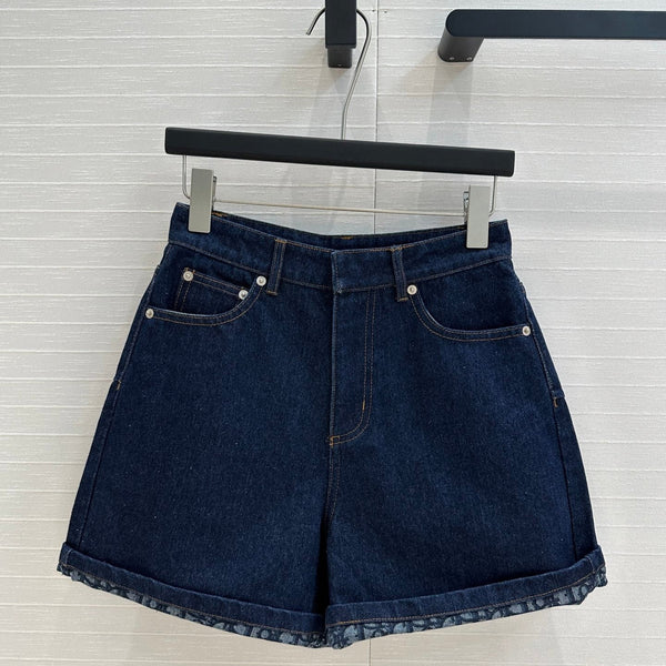 CD Denim Shorts With Old Flower Pattern Blue Cotton