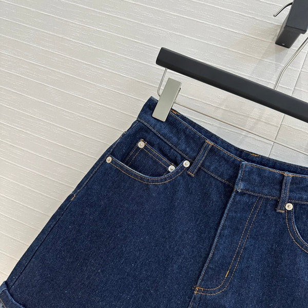 CD Denim Shorts With Old Flower Pattern Blue Cotton