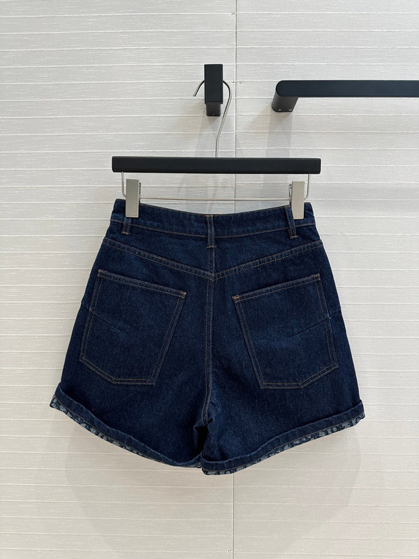 CD Denim Shorts With Old Flower Pattern Blue Cotton