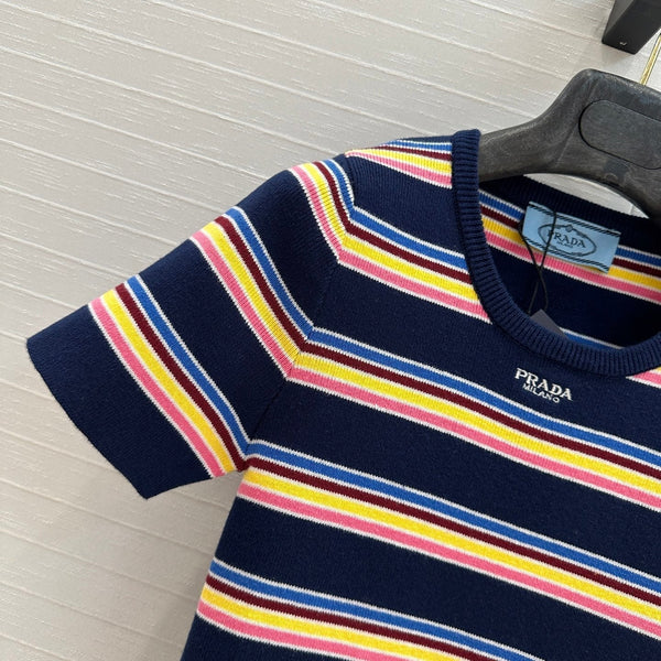 Prada 2025 Striped T-shirt Navy Blue mix colors Cotton