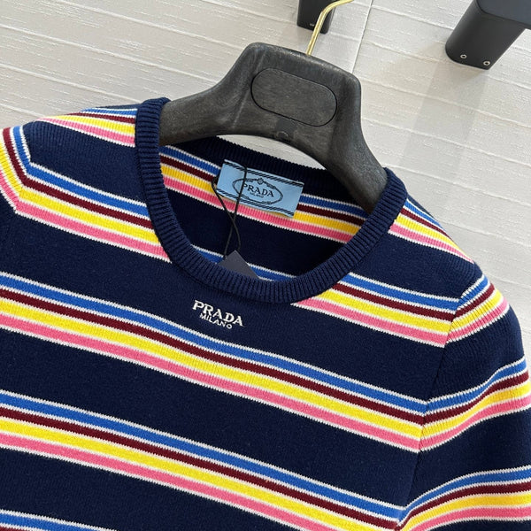 Prada 2025 Striped T-shirt Navy Blue mix colors Cotton