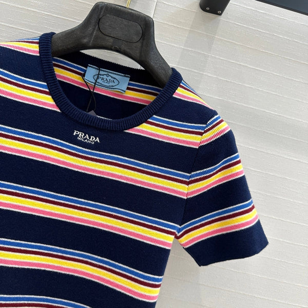 Prada 2025 Striped T-shirt Navy Blue mix colors Cotton