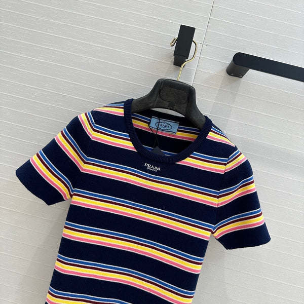 Prada 2025 Striped T-shirt Navy Blue mix colors Cotton