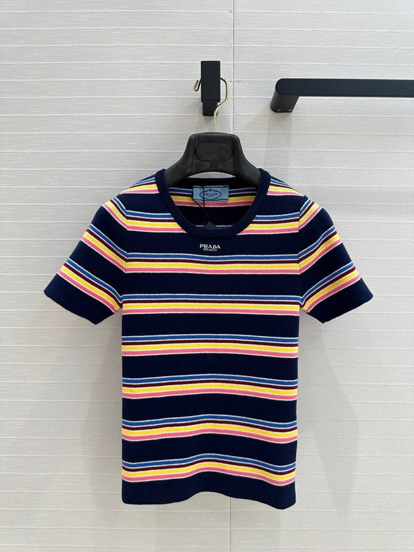 Prada 2025 Striped T-shirt Navy Blue mix colors Cotton
