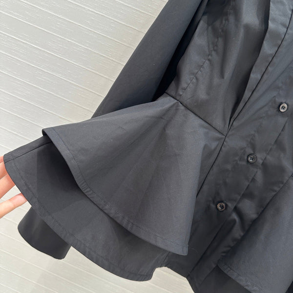 LV 25 Pleated Waist Round Neck Shirt Black Cotton