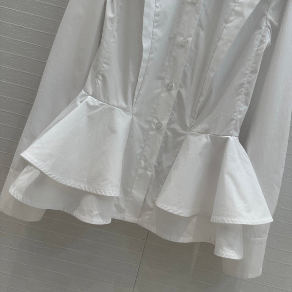 LV 25 Pleated Waist Round Neck Shirt White Cotton