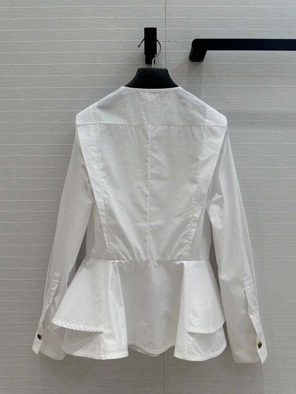 LV 25 Pleated Waist Round Neck Shirt White Cotton