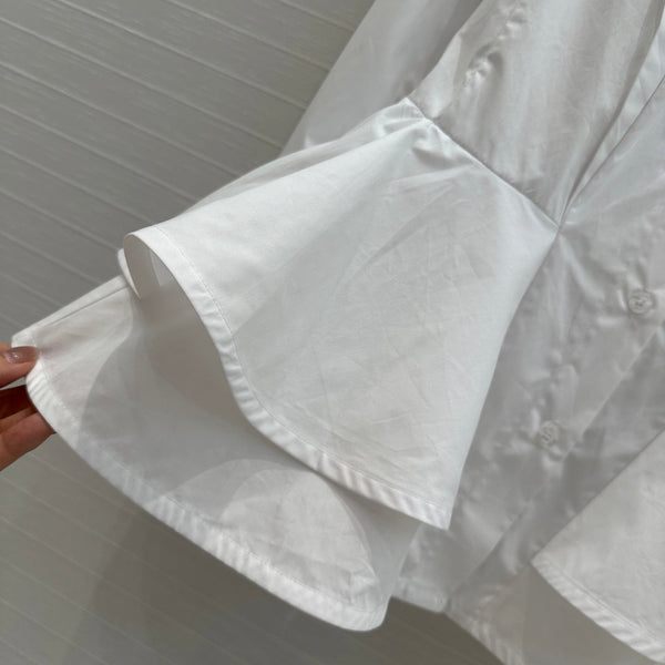 LV 25 Pleated Waist Round Neck Shirt White Cotton