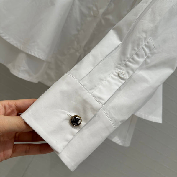LV 25 Pleated Waist Round Neck Shirt White Cotton