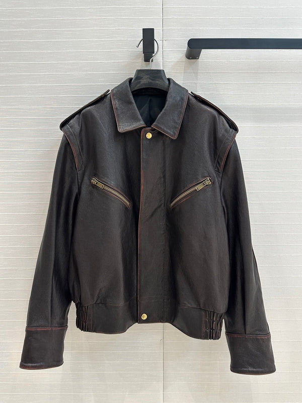 Giacca YSL con spalle ad angolo retto in pelle di agnello nera e marrone