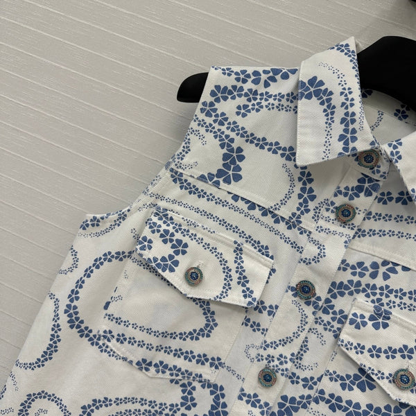 CC 25 Printed Denim Vest Jacket Blue White Cotton