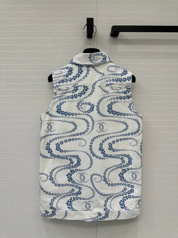 CC 25 Printed Denim Vest Jacket Blue White Cotton