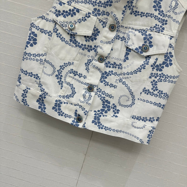 CC 25 Printed Denim Round Neck Vest Blue White Cotton