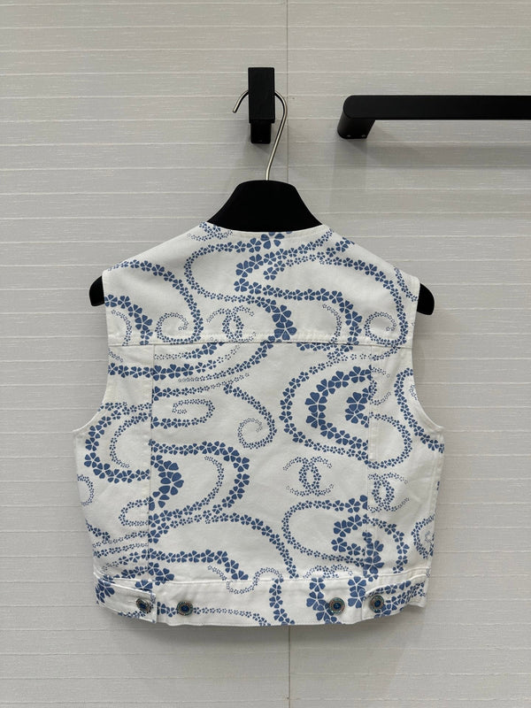 CC 25 Printed Denim Round Neck Vest Blue White Cotton