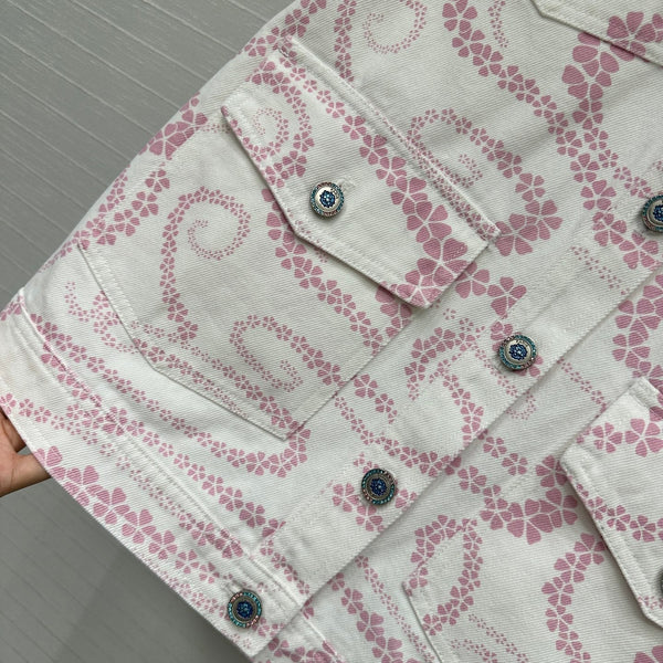 CC 25 Printed Denim Vest Jacket Pink White Cotton