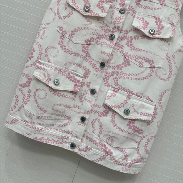 CC 25 Printed Denim Vest Jacket Pink White Cotton