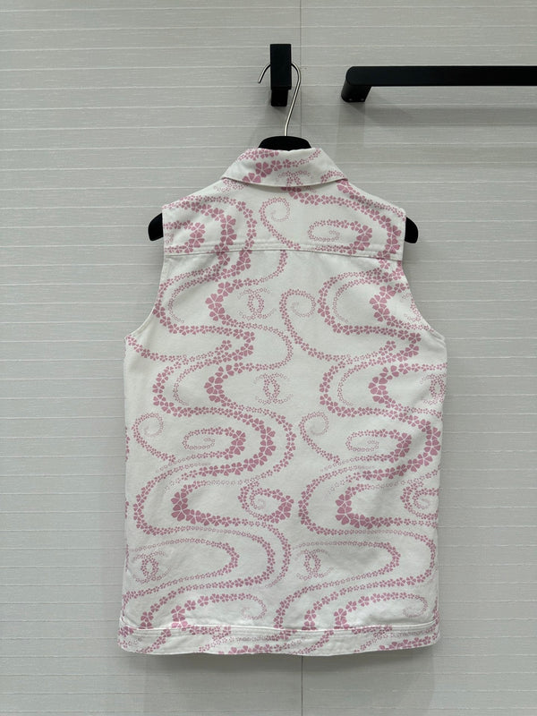 CC 25 Printed Denim Vest Jacket Pink White Cotton