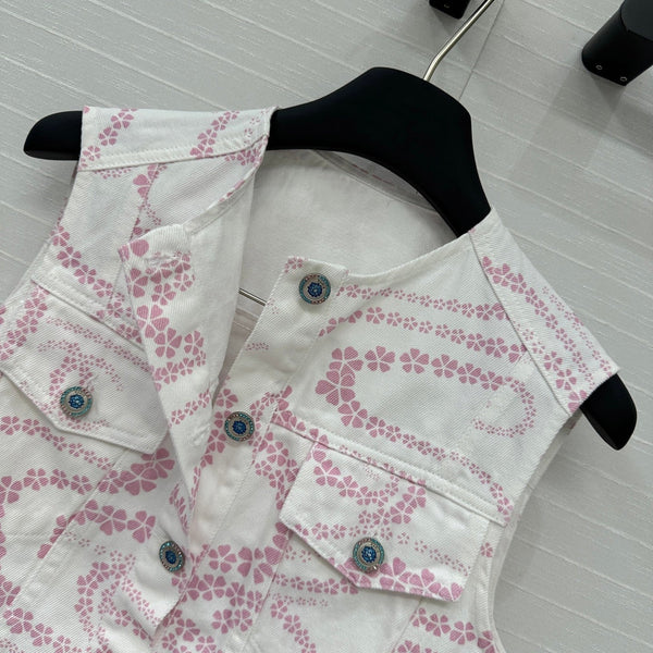 CC 25 Printed Denim Round Neck Vest Pink White Cotton