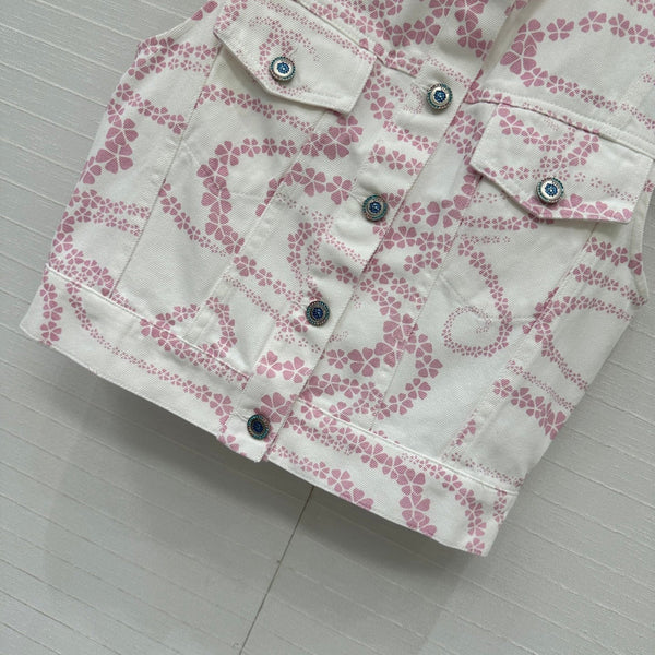 CC 25 Printed Denim Round Neck Vest Pink White Cotton