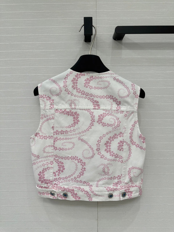 CC 25 Printed Denim Round Neck Vest Pink White Cotton